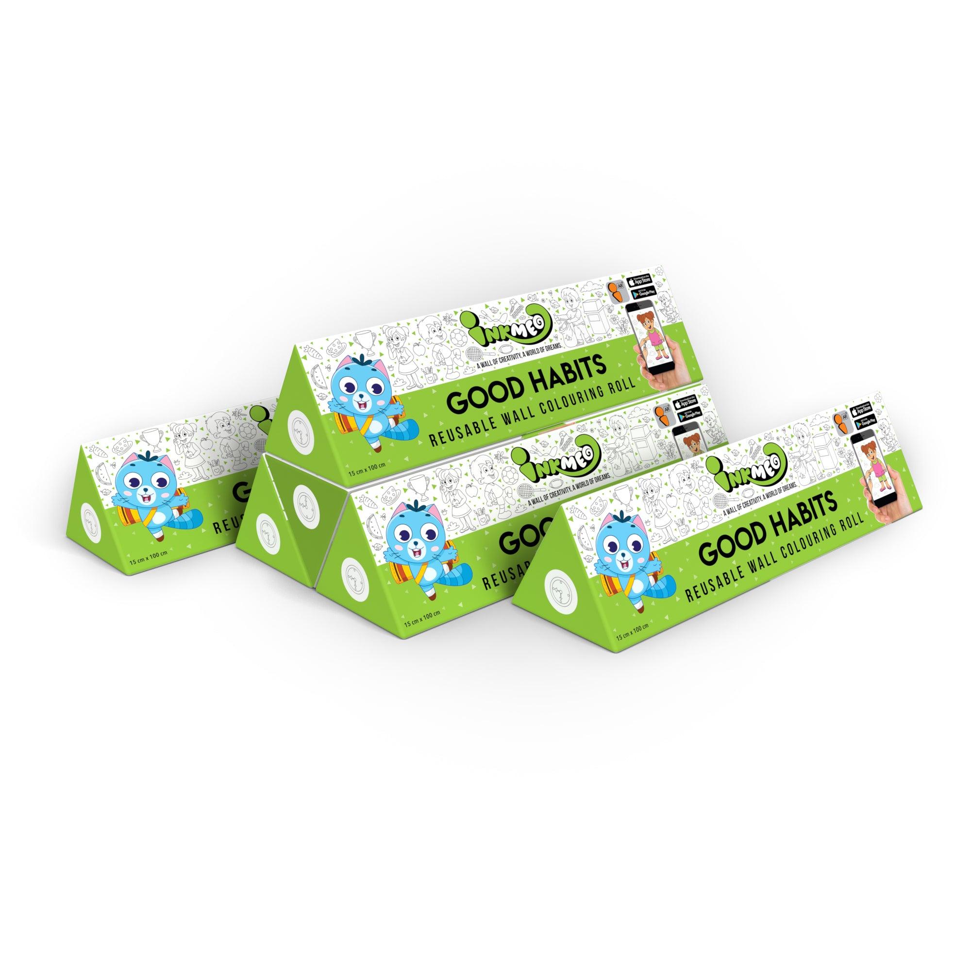 The image shows a white background with a pack of 6 good habits triangular boxes aligned diagonally.