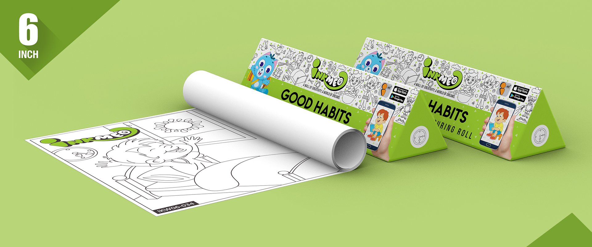 The image depicts two 6*40-inches green triangular good habits boxes placed alongside each other, with a sheet rolled out next to them.