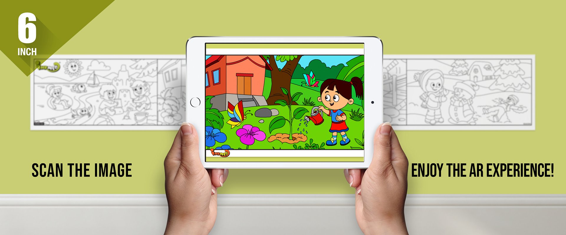 The image depicts two hands holding a tablet displaying a picture from a sheet attached to the wall. The description encourages scanning the image to enjoy the AR experience.