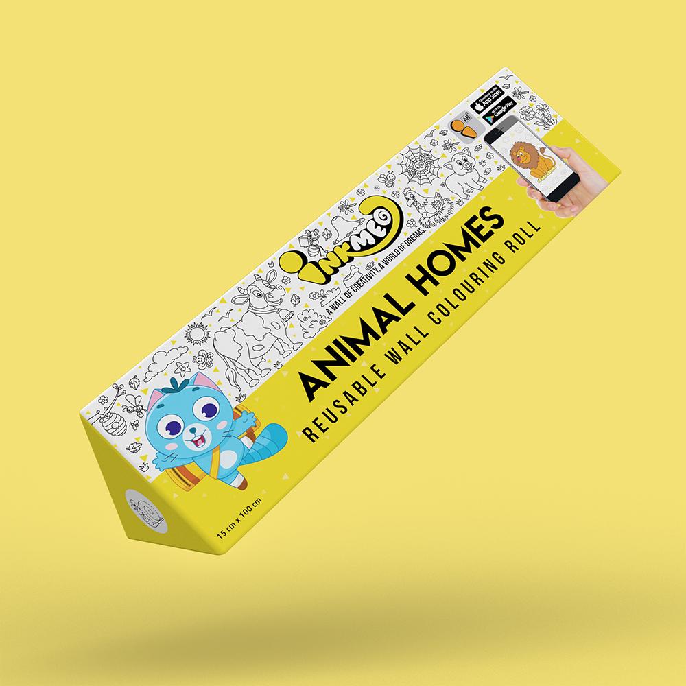 The image shows a yellow backdrop with a triangular box in display with cartoon cat in it