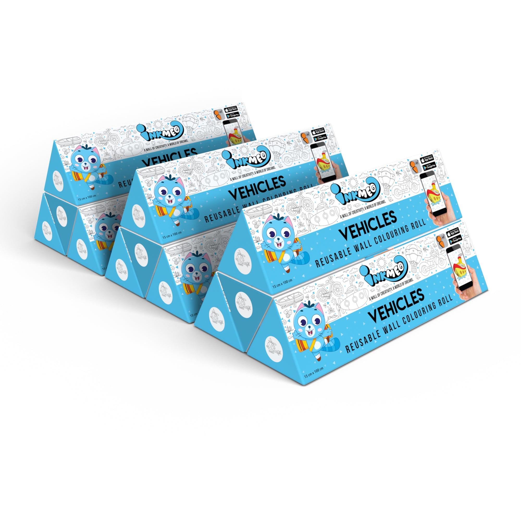 The image shows a white background with a pack of 9 vehicle triangular boxes aligned diagonally.