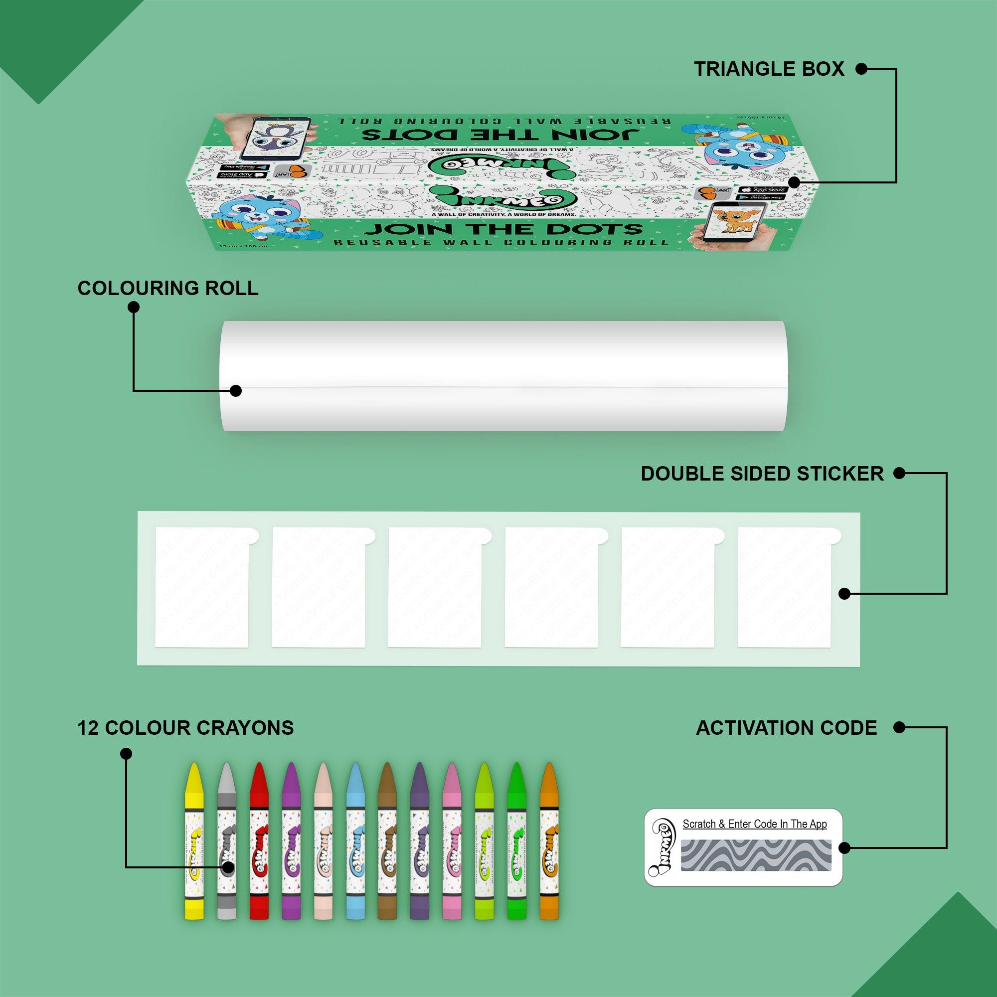 The image depicts a green background with a single triangular box, a coloring roll, 6 double-sided stickers, 12 colored crayons, and an activation code.
