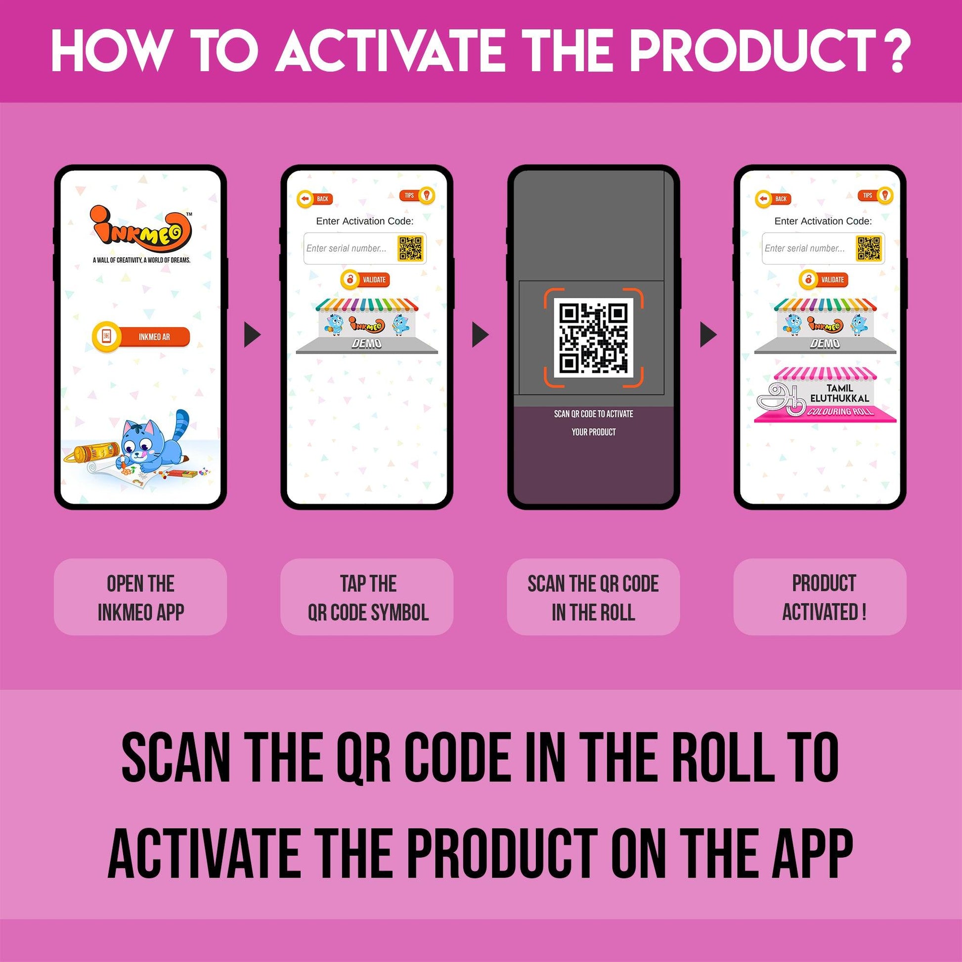 The image demonstrates how to activate the product: the first step is to open the Inkmeo app, the second step is to tap the QR code symbol, the third step is to scan the QR code on the packaging, and the fourth step is the product activated.