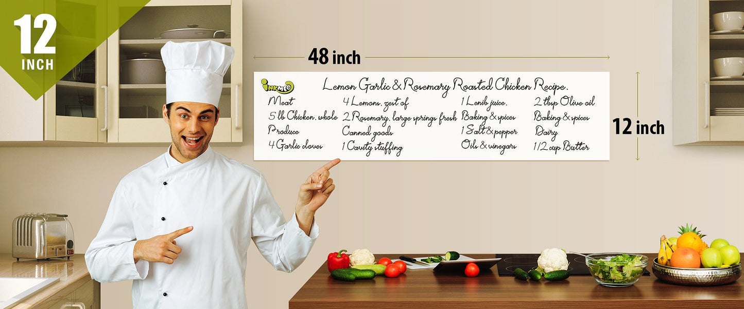The image depicts a chef pointing to the recipes on the white sheet with size mentioned as 12*48 inches
