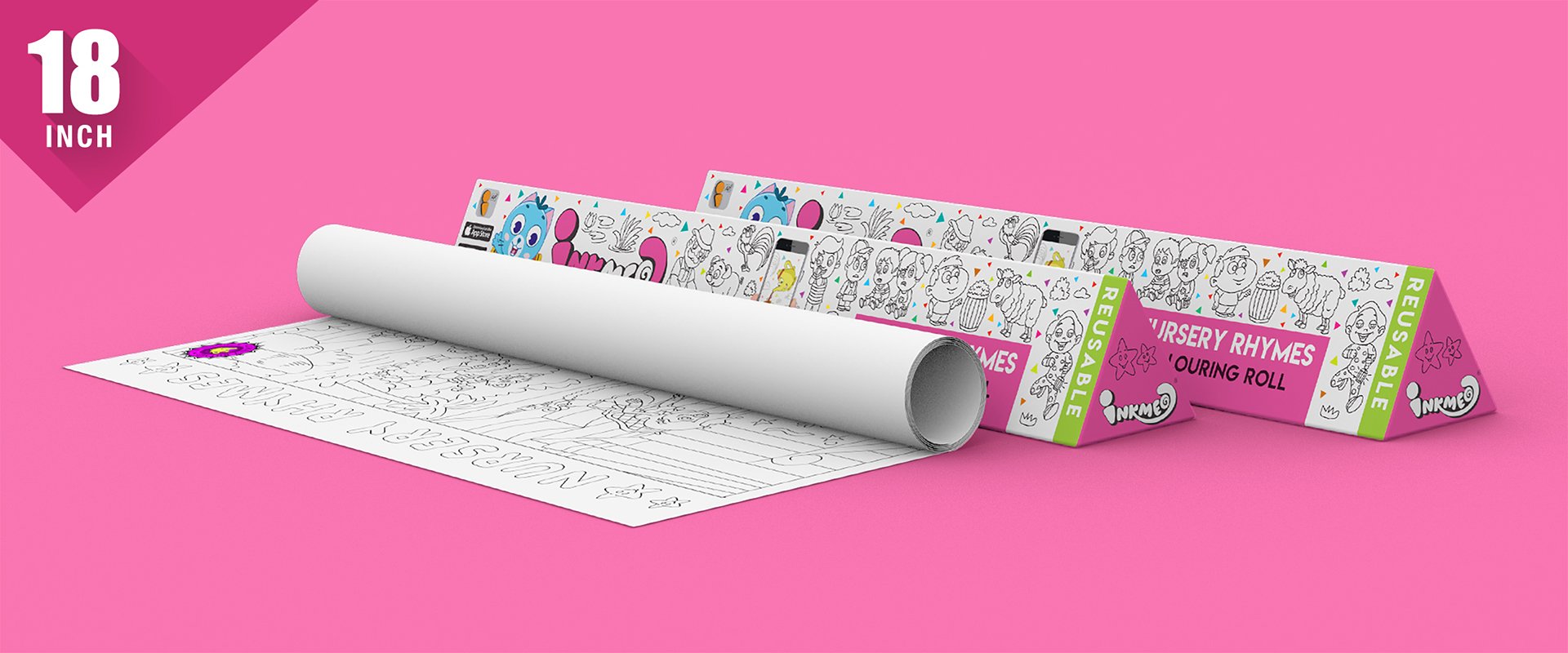 The image shows a pink background with two triangular boxes, one of which has paper rolled out.