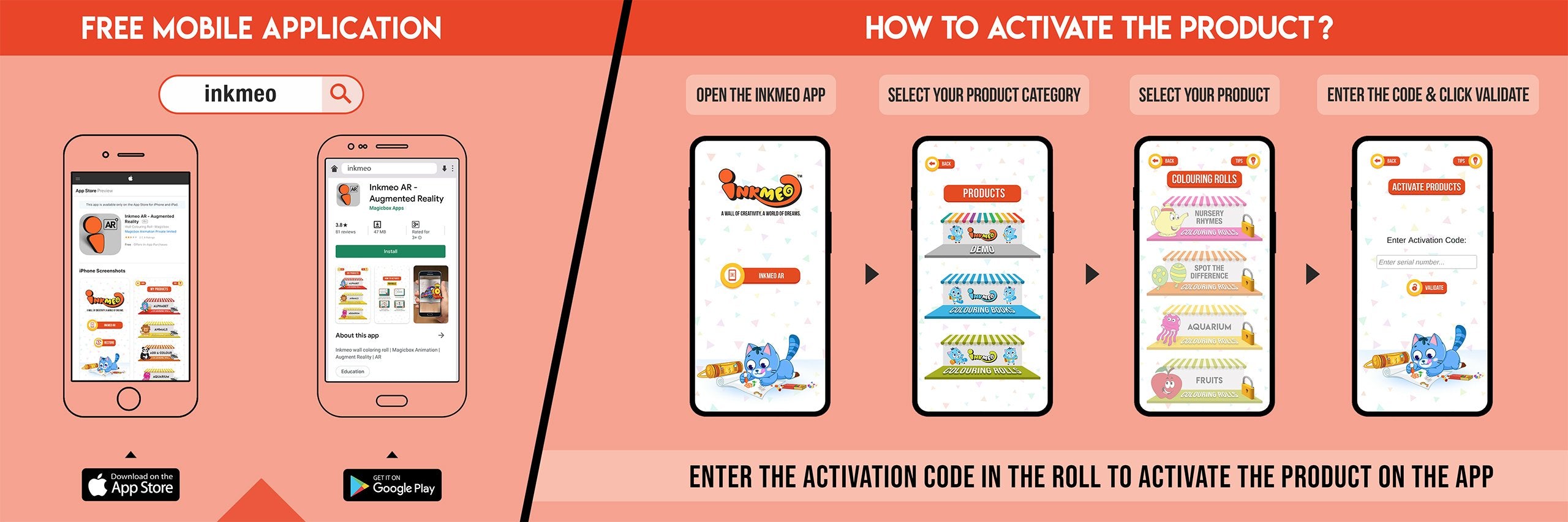 The image has a red background which is divided into two parts. The first part shows a free mobile application for downloading the Inkmeo app in the App Store and Google Store. The second part shows four mobile phones with the caption "To open the Inkmeo app, select your product category, select your product, and enter the code & click validate.