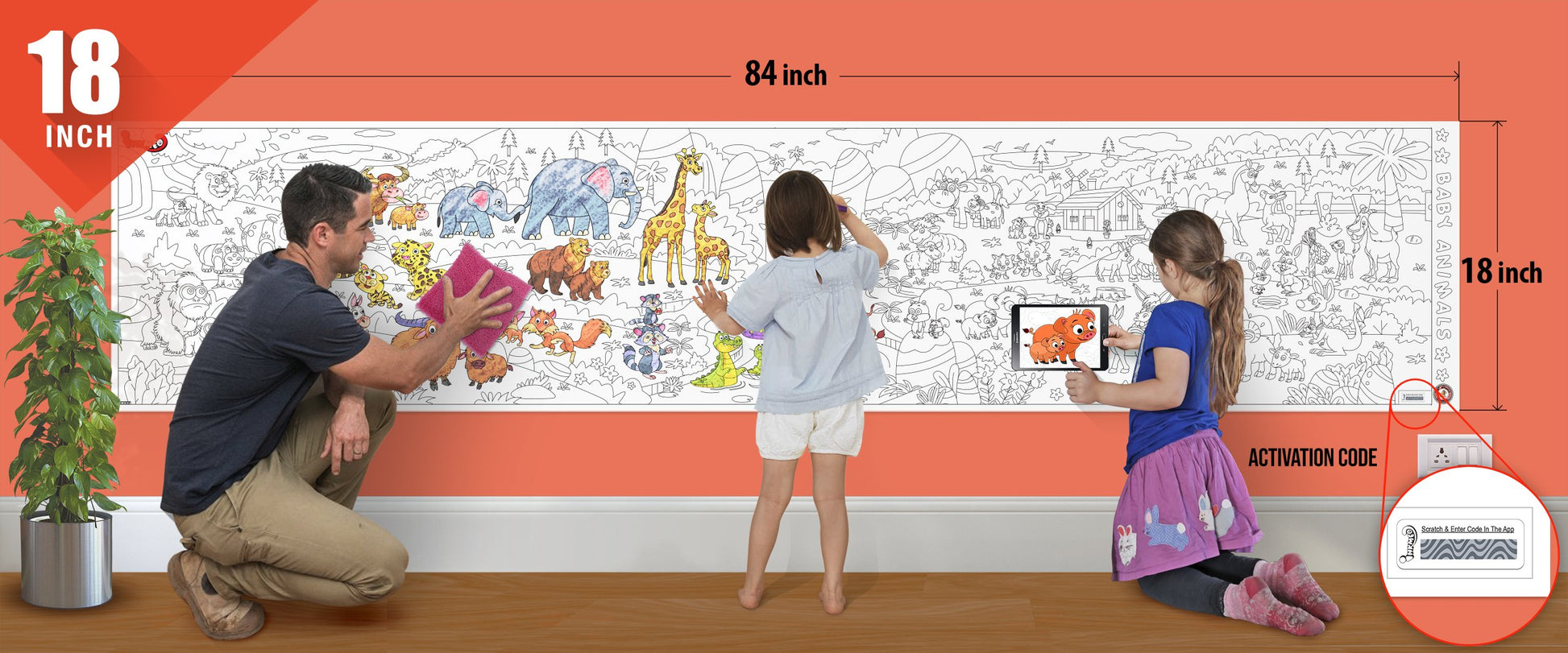  The image depicts a father and his two daughters enjoying a bonding moment while colouring baby animals roll attached to the wall.
