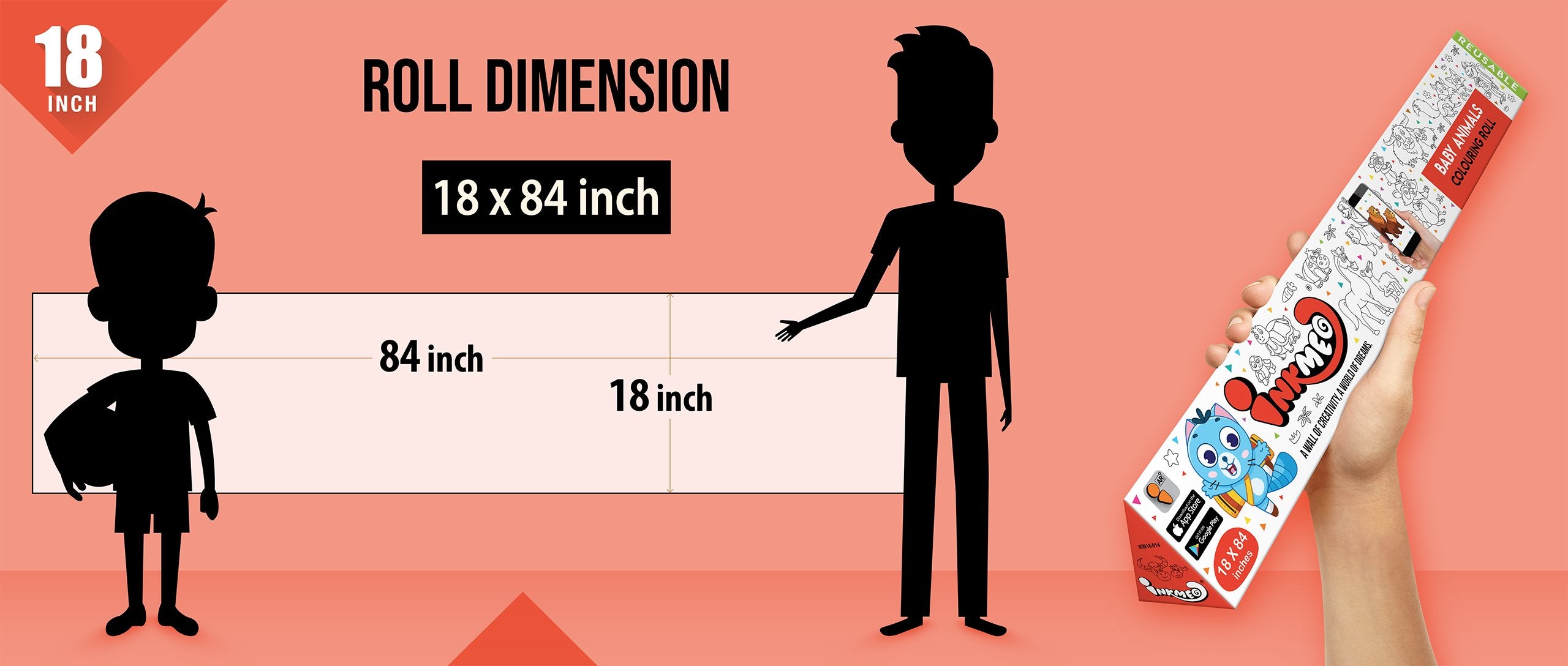 The image shows a red background with a ruler indicating child and adult height on an 18*84 inch paper roll dimension.