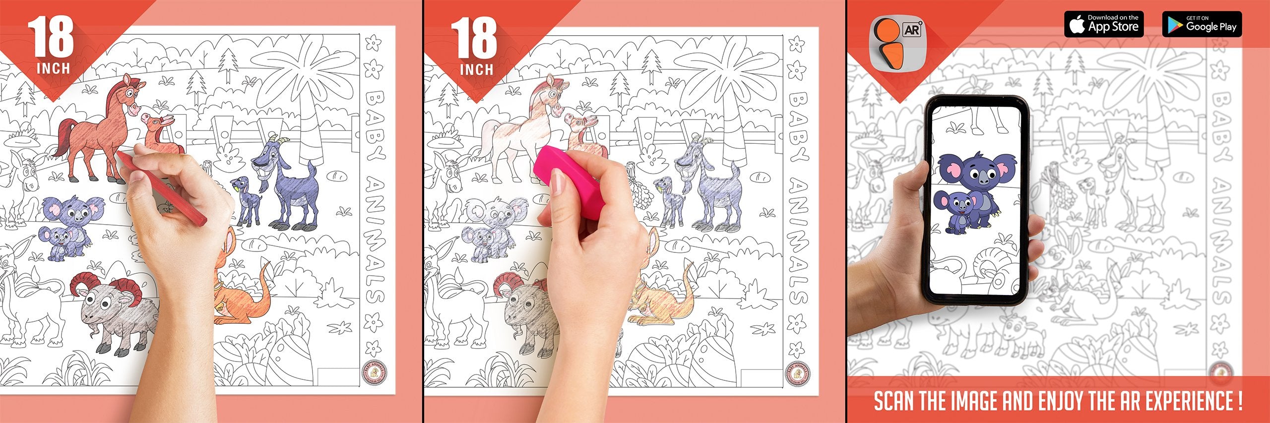The image displays three pictures: the first one shows a hand colouring baby animals roll, the second one depicts the color being erased from the board, and the third one features a hand holding a mobile phone in front of the baby animals picture