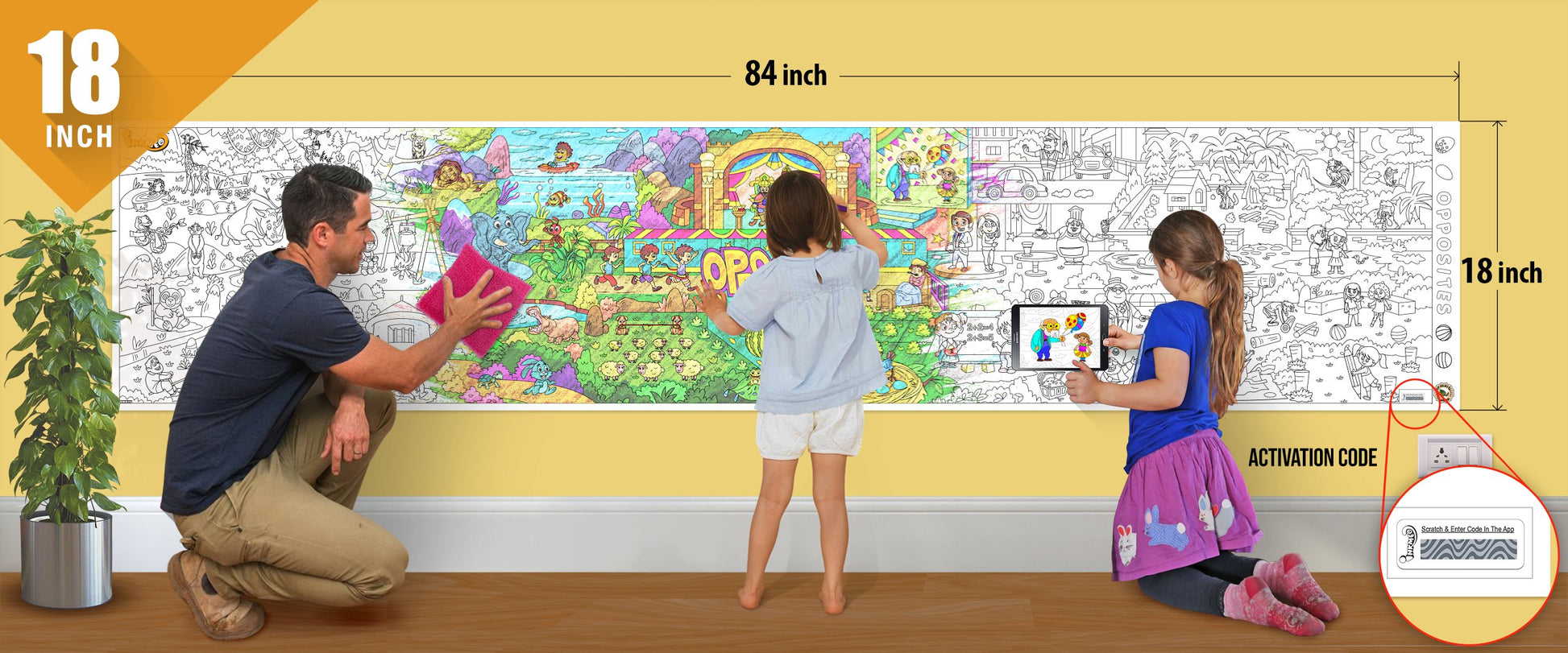 The image depicts a father and his two daughters enjoying a bonding moment while colouring and playing with opposites roll attached to the wall.