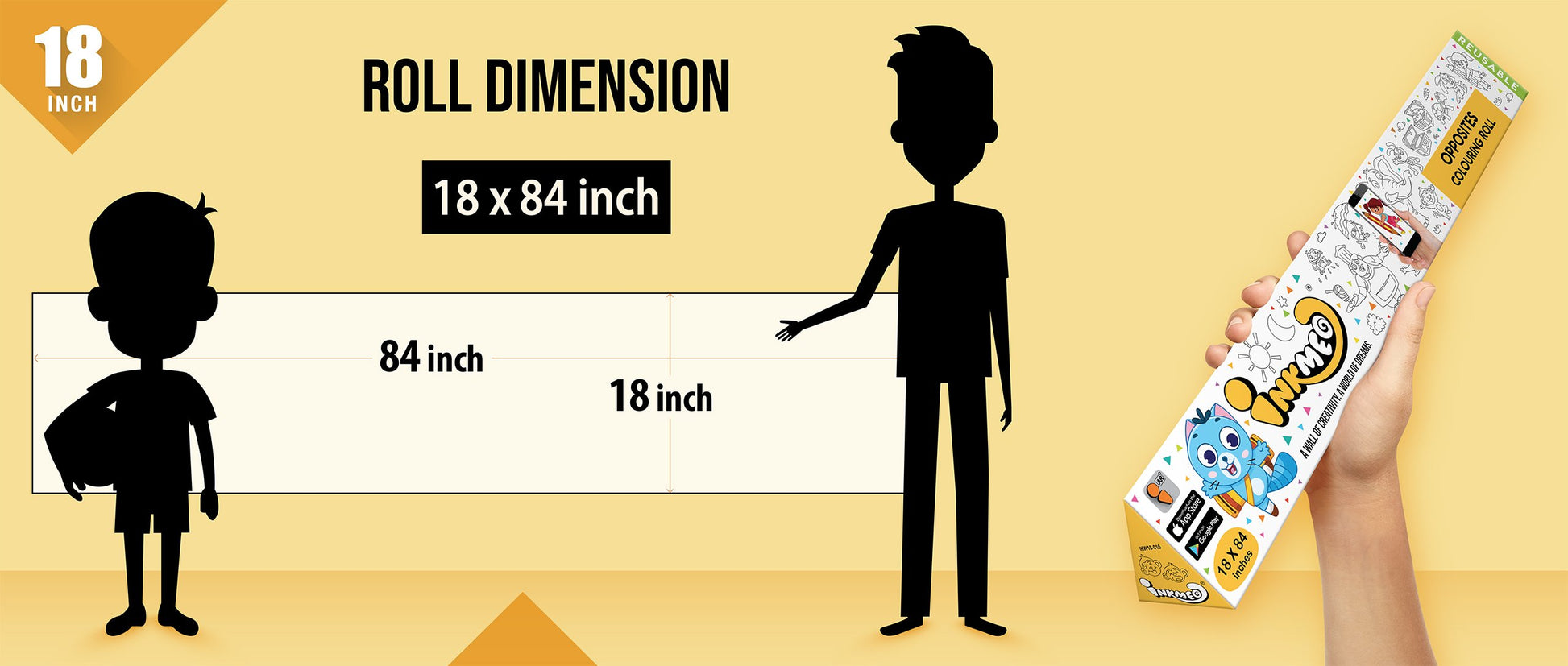 The image shows a yellowbackground with a ruler indicating child and adult height on an 18*84 inch paper roll dimension.