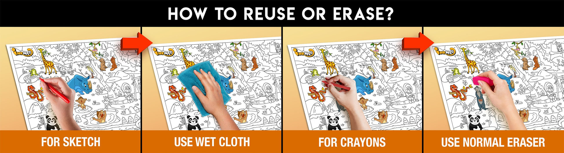 The image has a yellow background with four pictures demonstrating how to reuse or erase: the first picture depicts sketching on the sheet, the second shows using a wet cloth to remove sketches, the third image displays crayons coloring on the sheet, and the fourth image illustrates erasing crayons with a regular eraser.