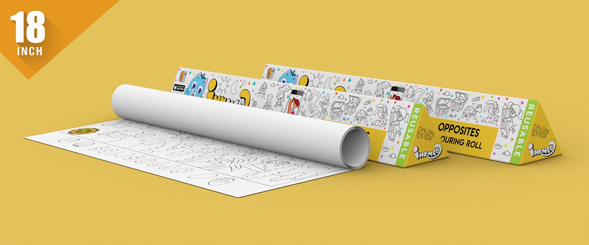 The image shows a yellowbackground with two triangular boxes, one of which has paper rolled out.