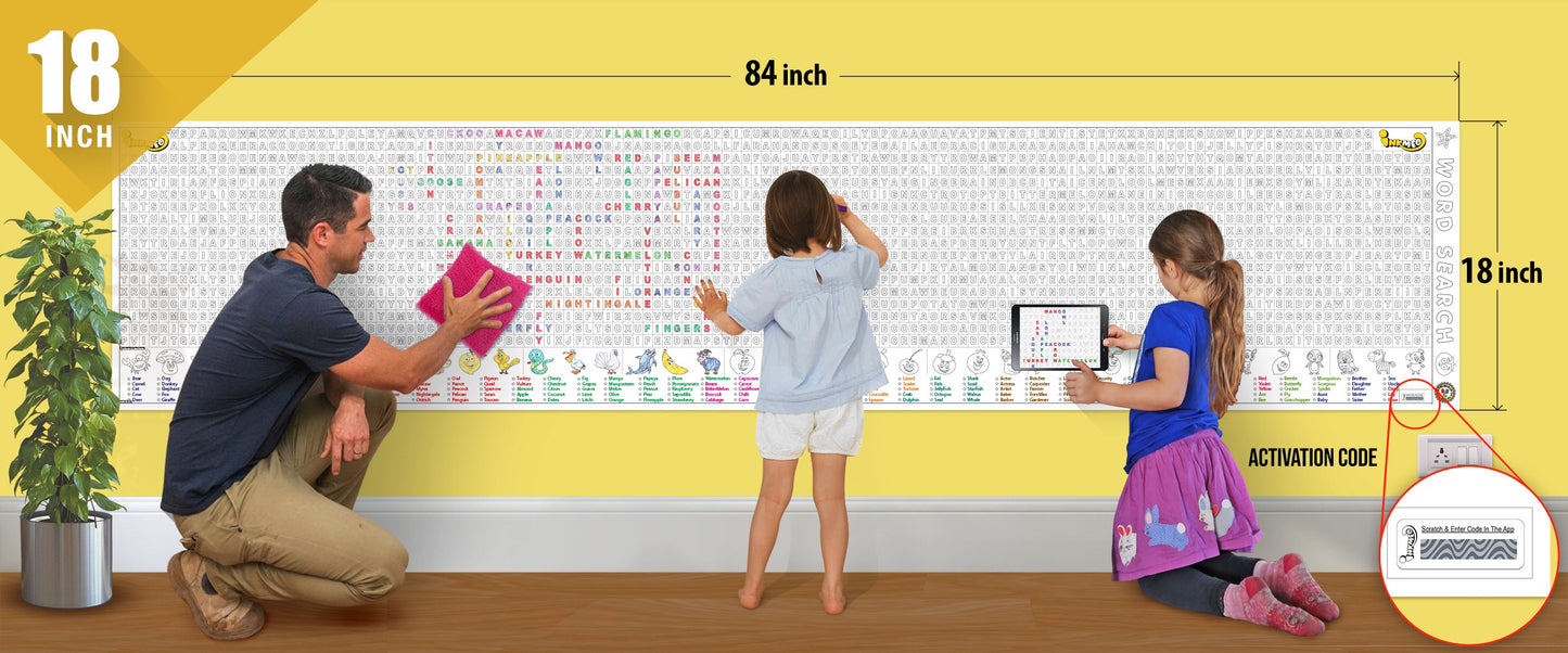 The image depicts a father and his two daughters enjoying a bonding moment while coloring a word search attached to the wall.