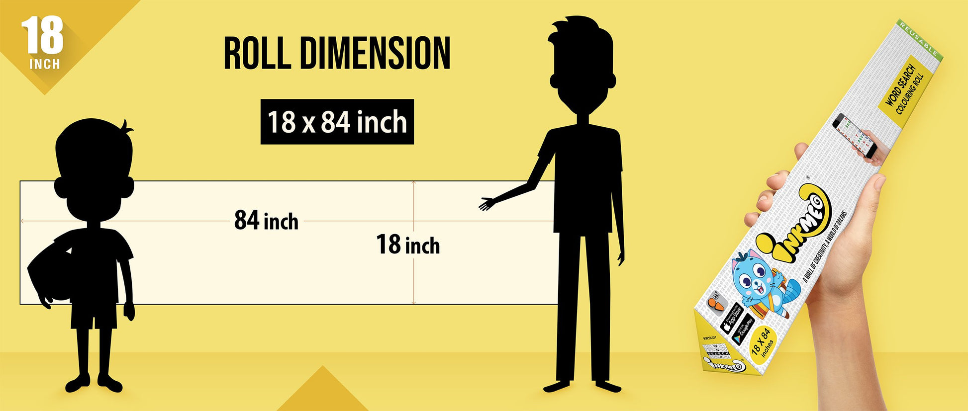 The image shows a yellow background with a ruler indicating child and adult height on an 18*84 inch paper roll dimension.