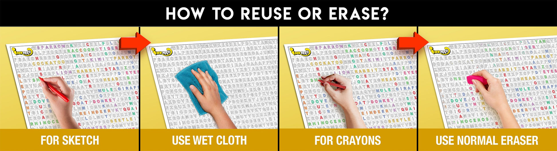 The image has a yellow background with four pictures demonstrating how to reuse or erase: the first picture depicts sketching on the puzzle sheet, the second shows using a wet cloth to remove sketches, the third image displays crayons coloring on the puzzle sheet, and the fourth image illustrates erasing crayons with a regular eraser.