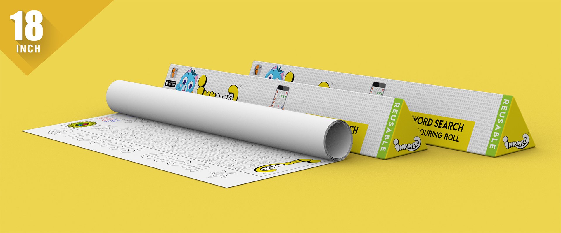 The image shows a yellow background with two triangular boxes, one of which has paper rolled out.