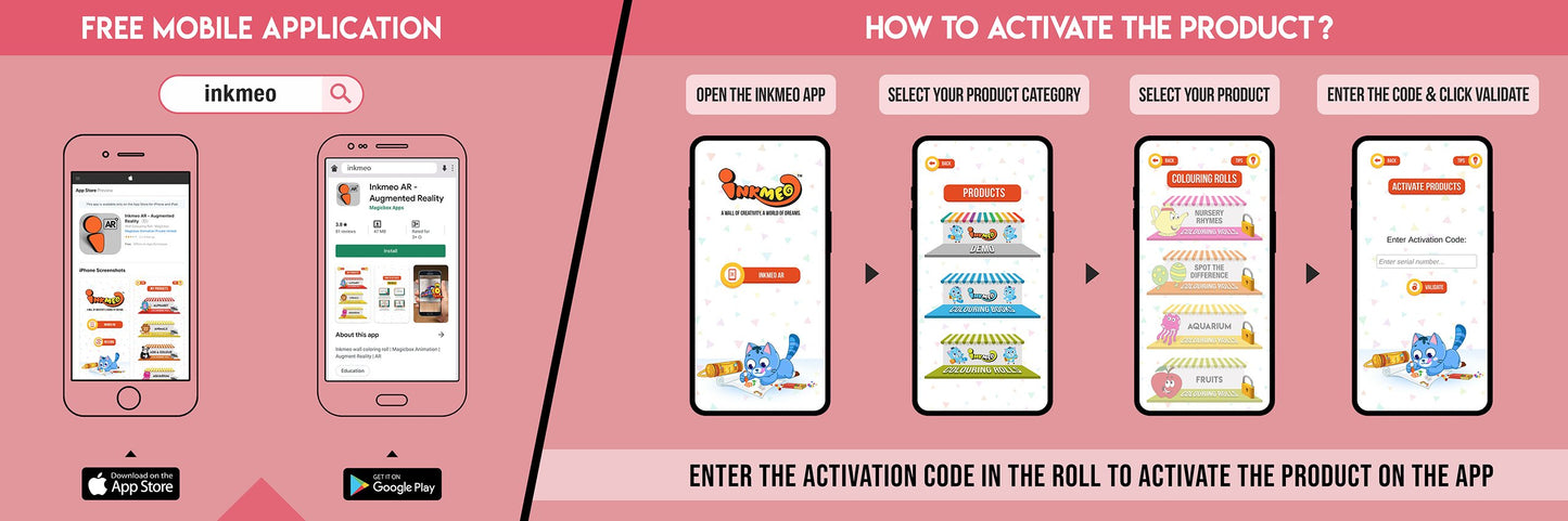 The image has a pink background which is divided into two parts. The first part shows a free mobile application for downloading the Inkmeo app in the App Store and Google Store. The second part shows four mobile phones with the caption "To open the Inkmeo app, select your product category, select your product, and enter the code & click validate.