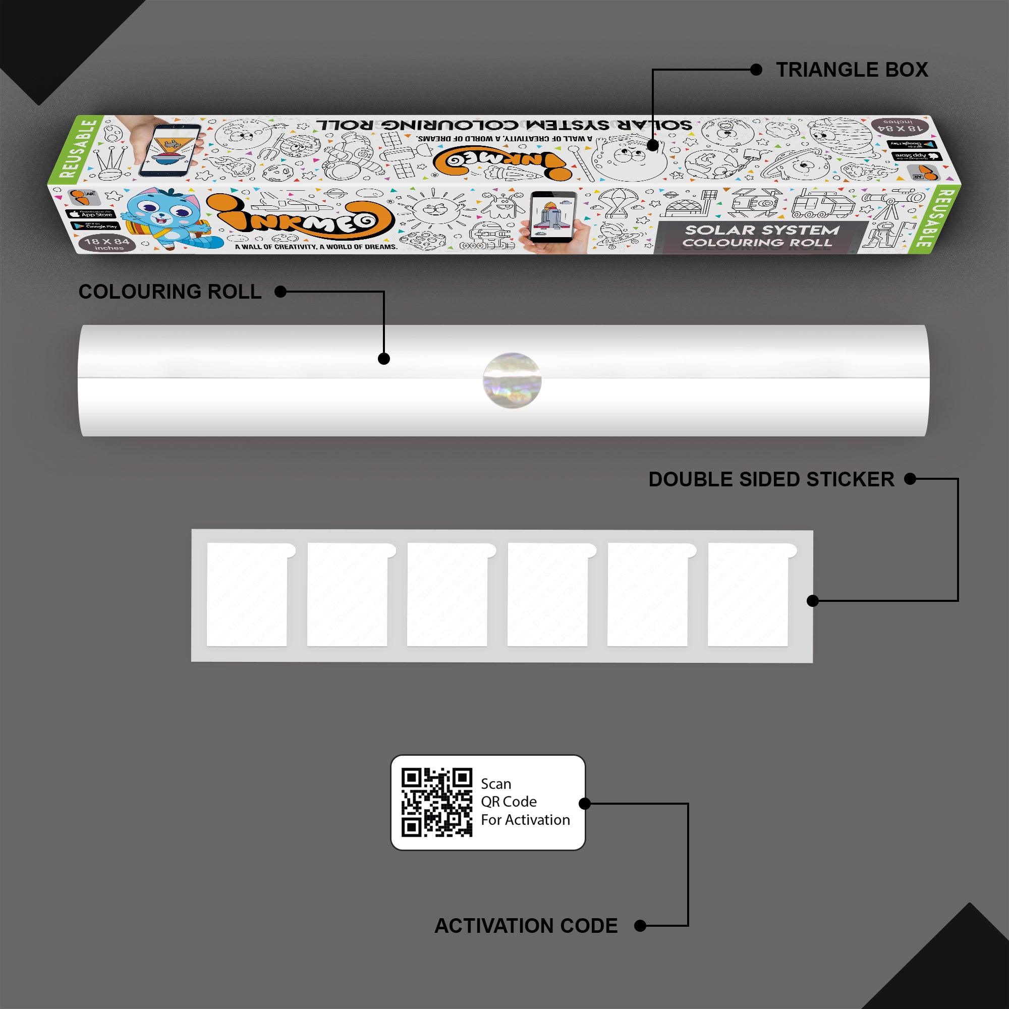 The image depicts a black background with a single triangular box, a coloring roll, 6 double-sided stickers, 12 colored crayons, and an activation code.