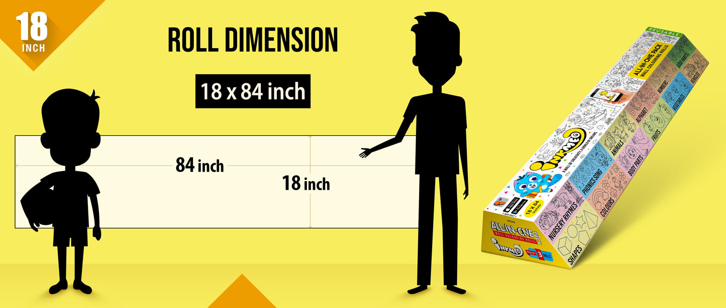The image shows a yellow background with a ruler indicating child and adult height on an 18*84 inch paper roll dimension.