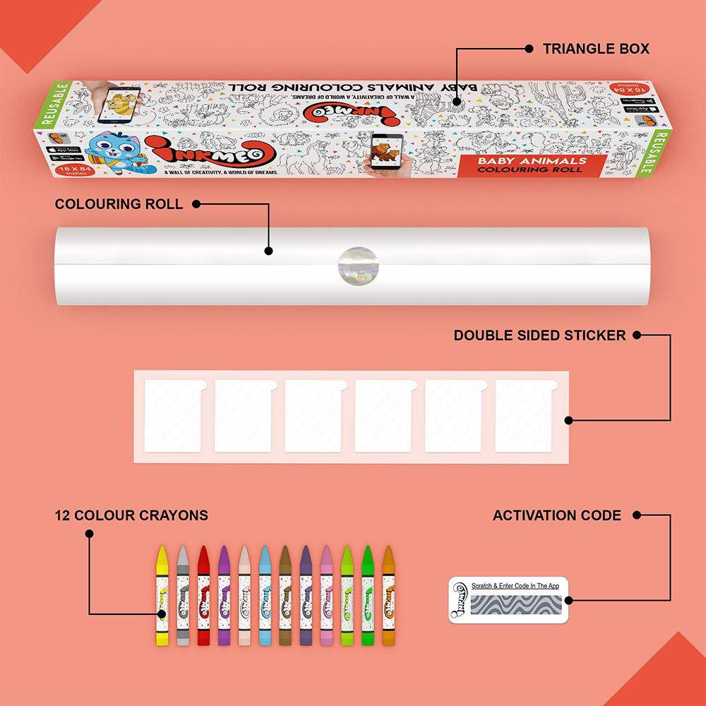 The image illustrates a red background with Triangle box, colouring roll, 6 double tape, 12 colour crayons and activation code