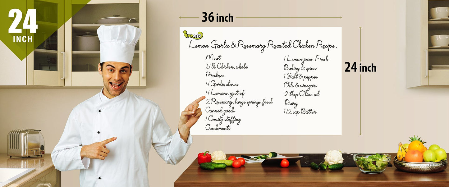 The image depicts a chef pointing to the recipes on the white sheet with size mentioned as 24*36 inches