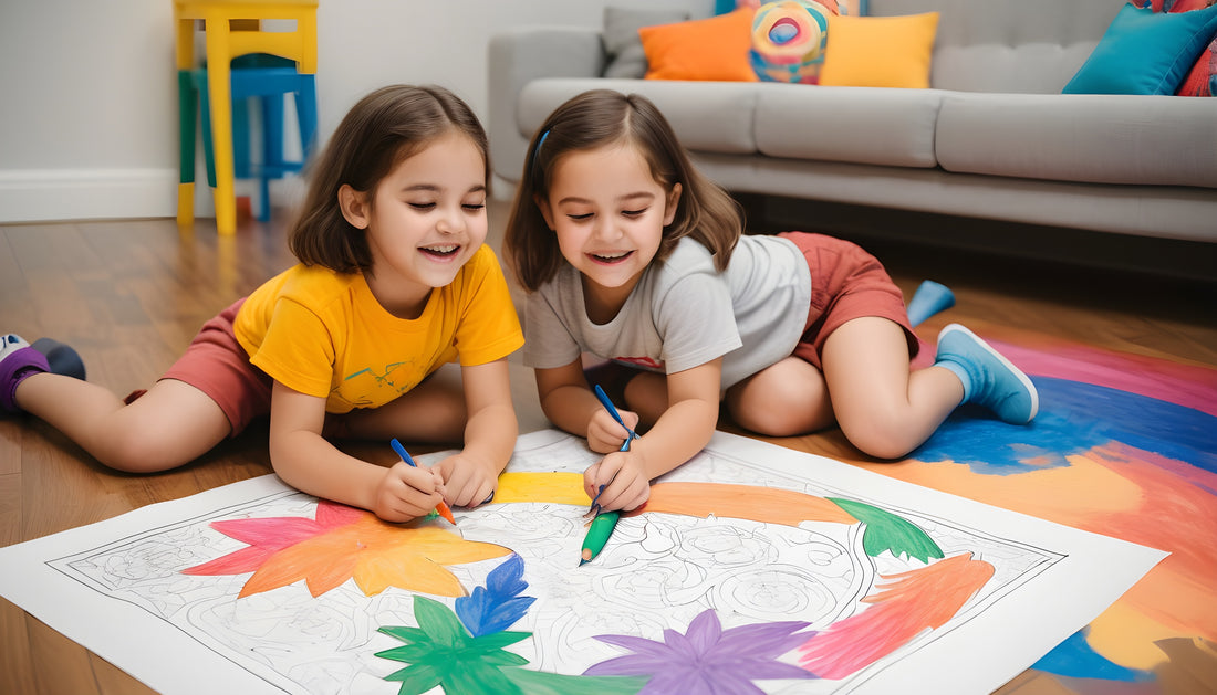 In the frame a home background with two small girls sitting on the floor and colouring in sheet.