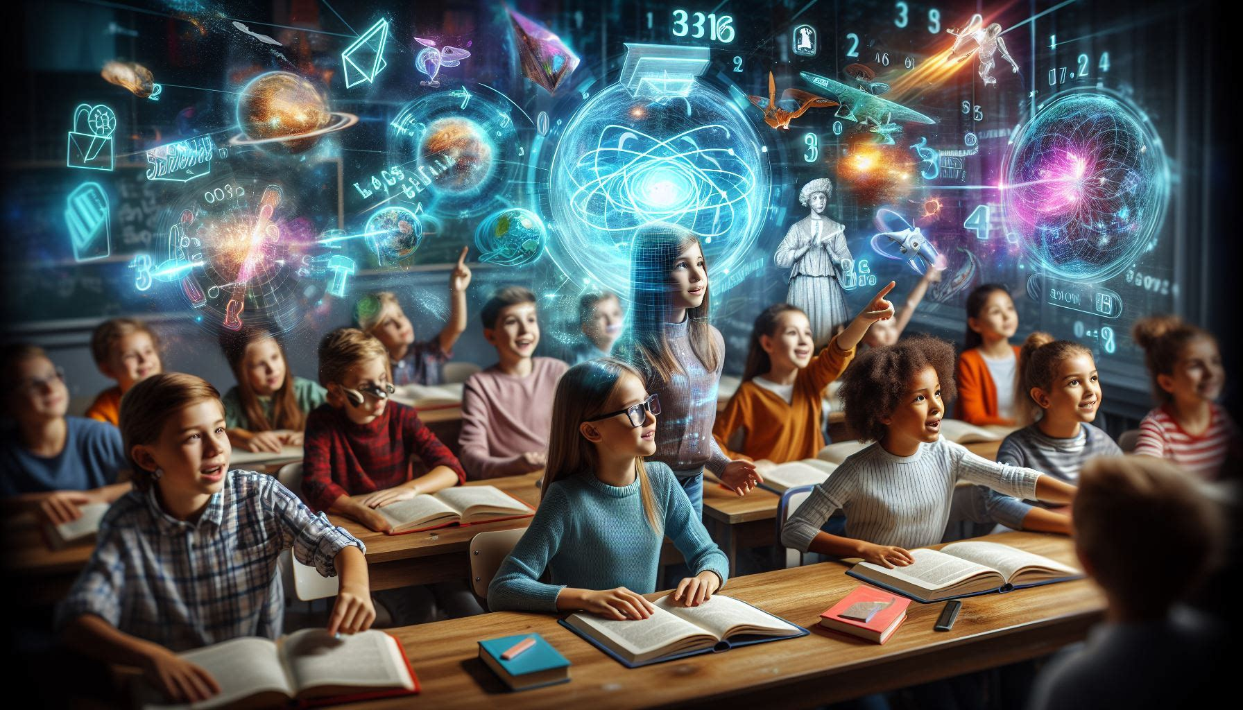 The image shows a classroom full of students learning with books and  augmented reality visuals 