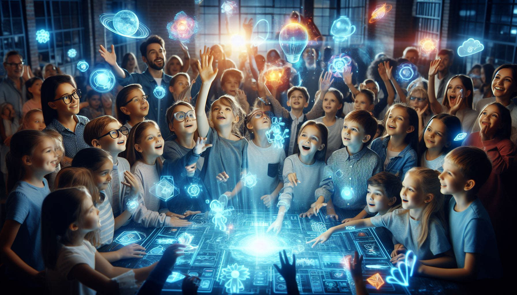 The image shows how a group kids surrounding the augmented reality technology teaching them with visuals making them excited to learn.