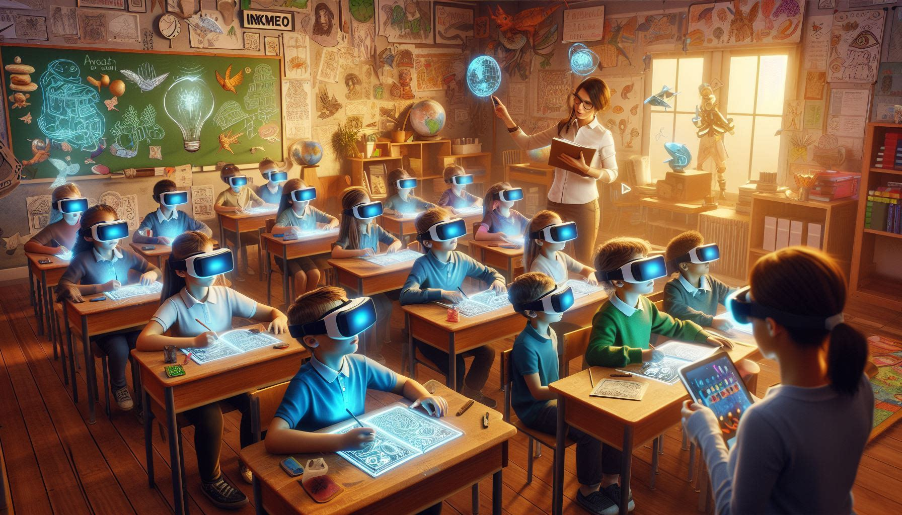 The image shows students wearing VR device and teacher teaching class though augmented reality