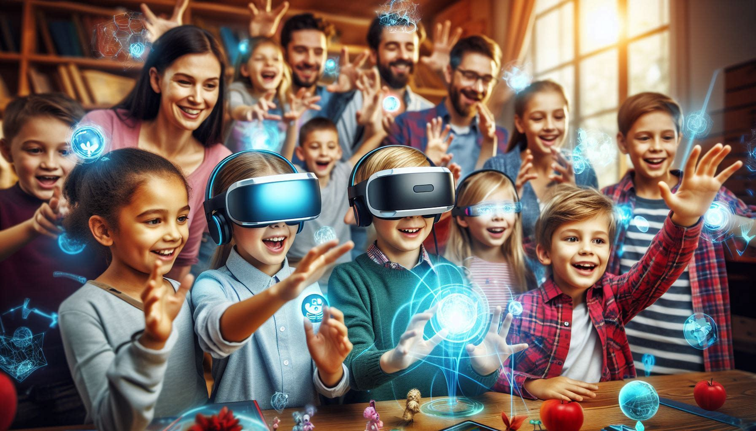 The image shows group of kids touching visuals from the Augmented reality device