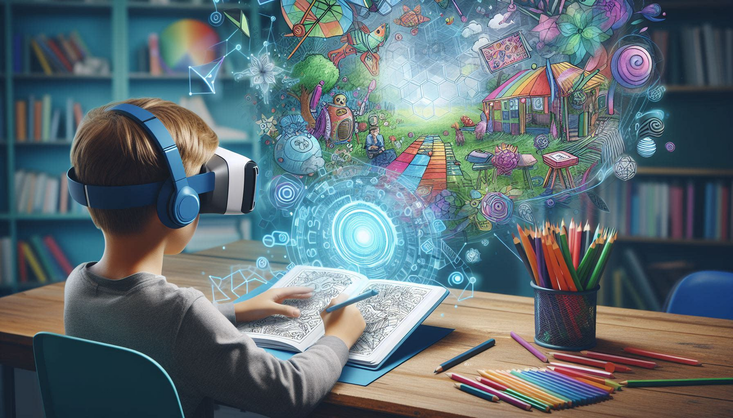 The image a boy learning from Augmented reality visuals using Virtual reality device and colouring in book.