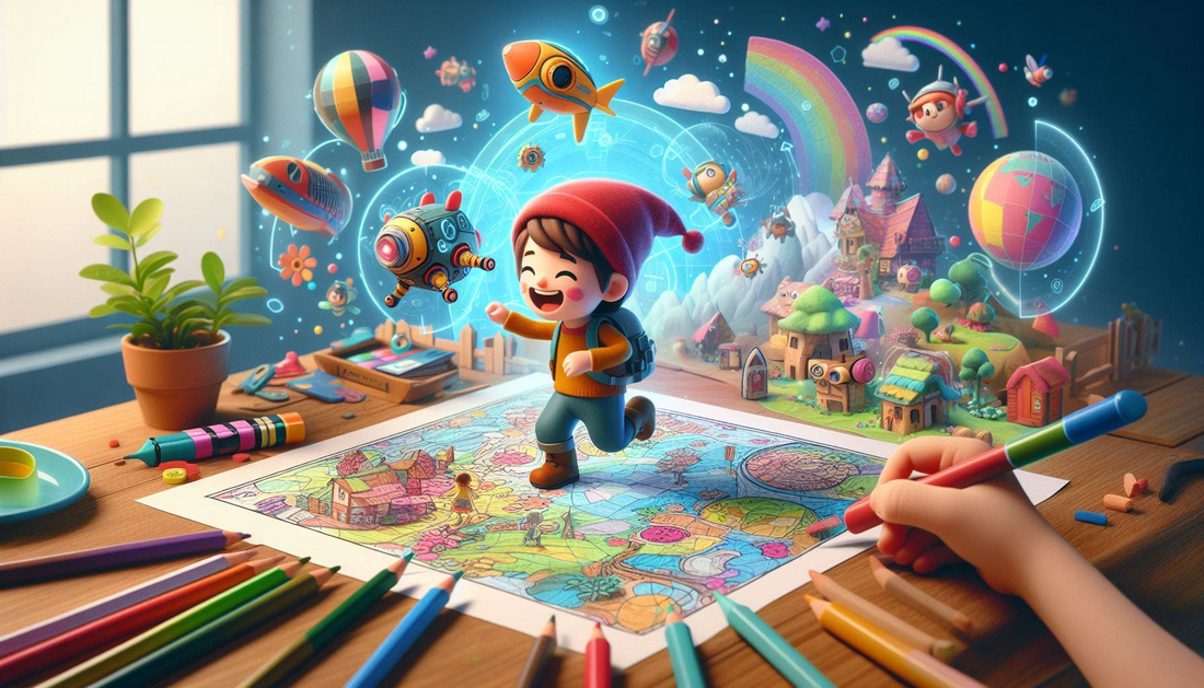 The image shows a kid playing in augmented reality and colourful pictures of fish, rainbow, air ballon much more flying around the kid and colouring in the paper with colour pencils laying around.