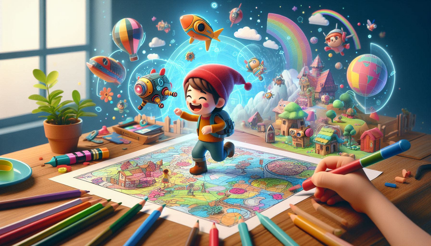The image shows a kid playing in augmented reality and colourful pictures of fish, rainbow, air ballon much more flying around the kid and colouring in the paper with colour pencils laying around.
