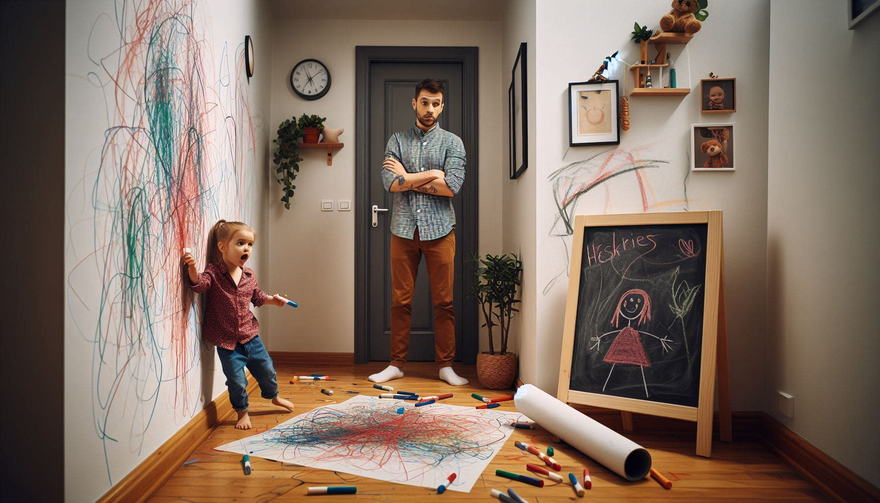 The image shows a girl in a room, scribbling on the wall and the father is standing at the entrance of the room frustrated with his daughter messy room with scribblings.