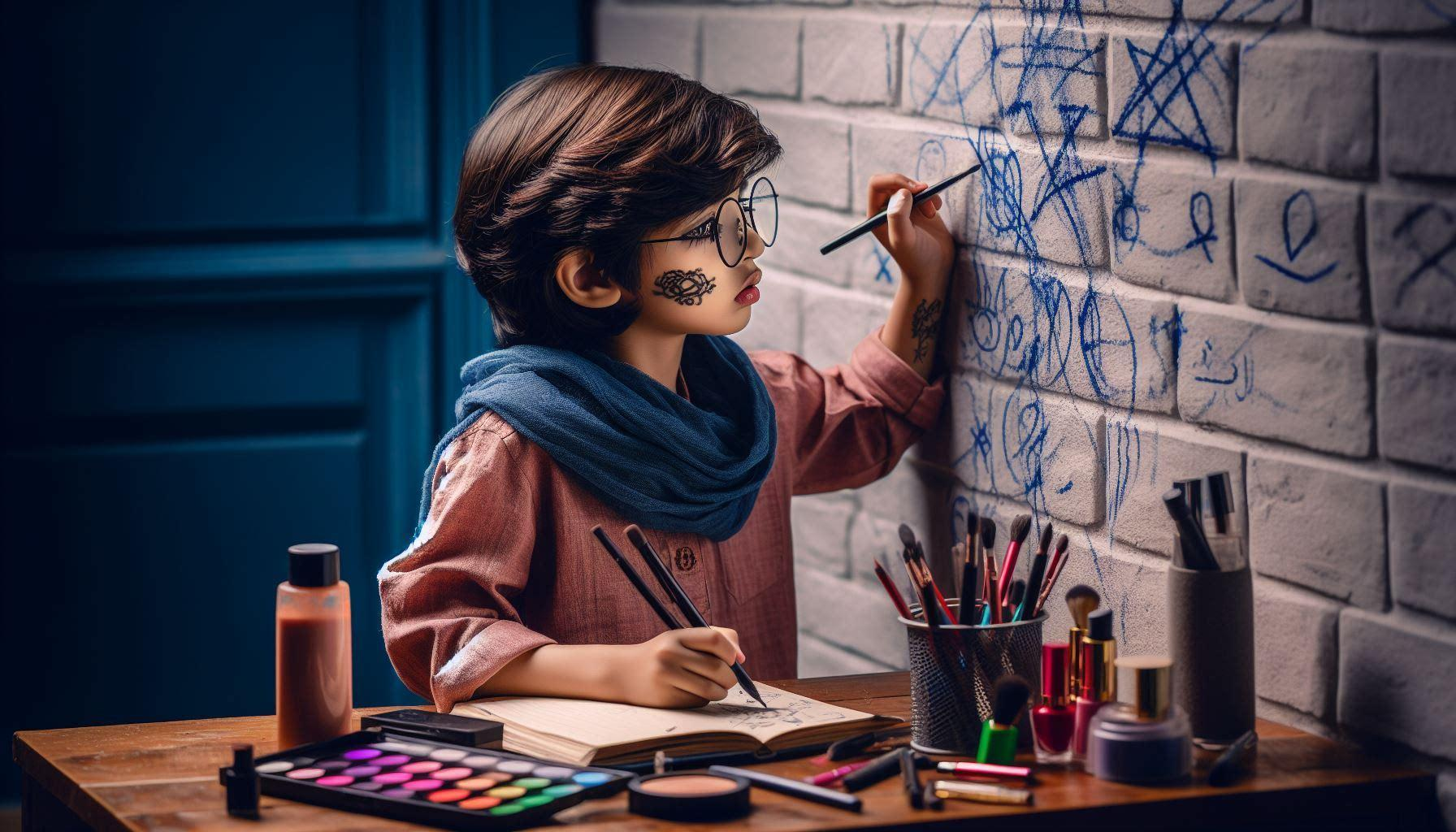 The image shows a boys drawing on wall and on note in table with makeup kit materials and brushes