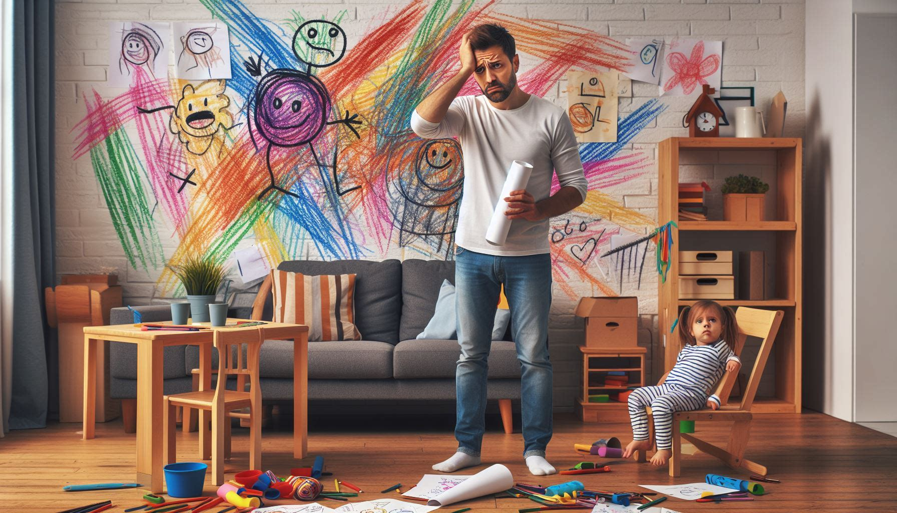 The image shows a  small girl sitting in a chair and a father holding his head in frustration with the his kid scribbling and colouring in the walls. 