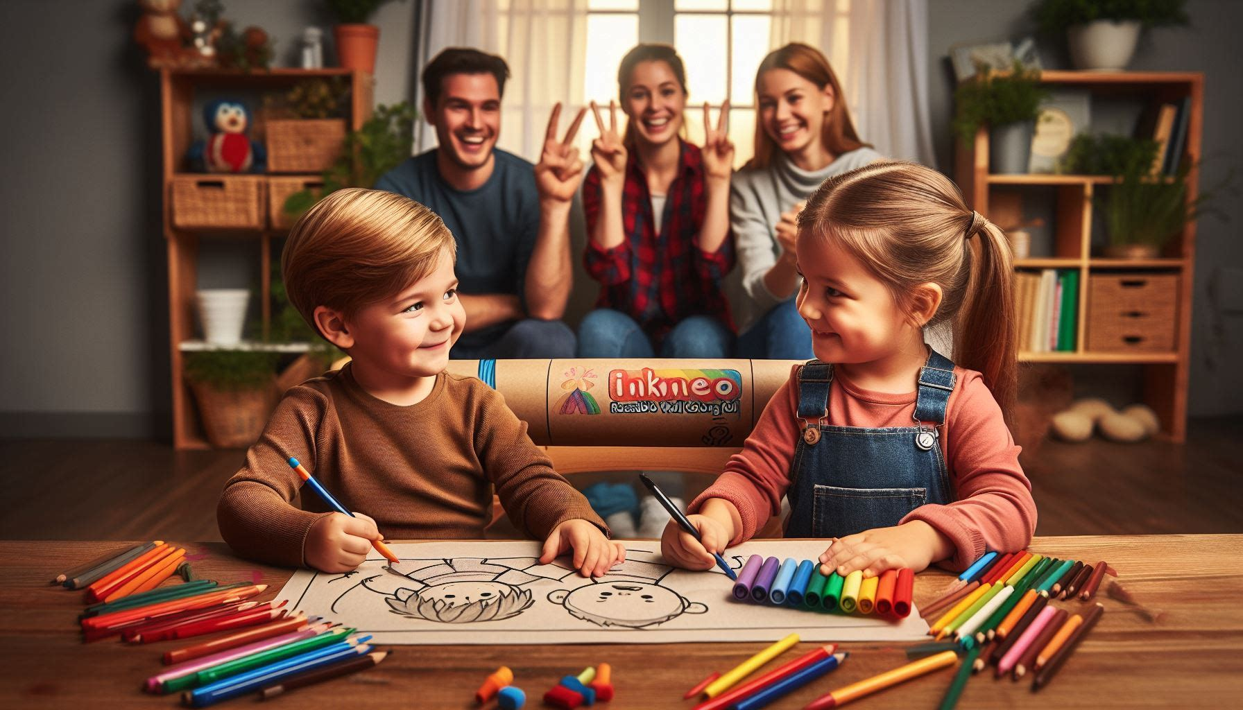 The image shows a boy and girl sitting and smiling at each other and colouring in the paper with their parent and aunt watching  watching and having fun with them in background