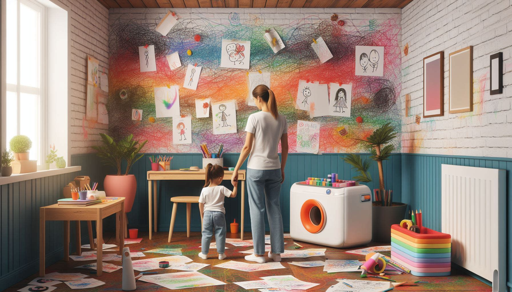 The image shows a child an parent standing with a challenging look in a room full of wall scribbles and colourings. 