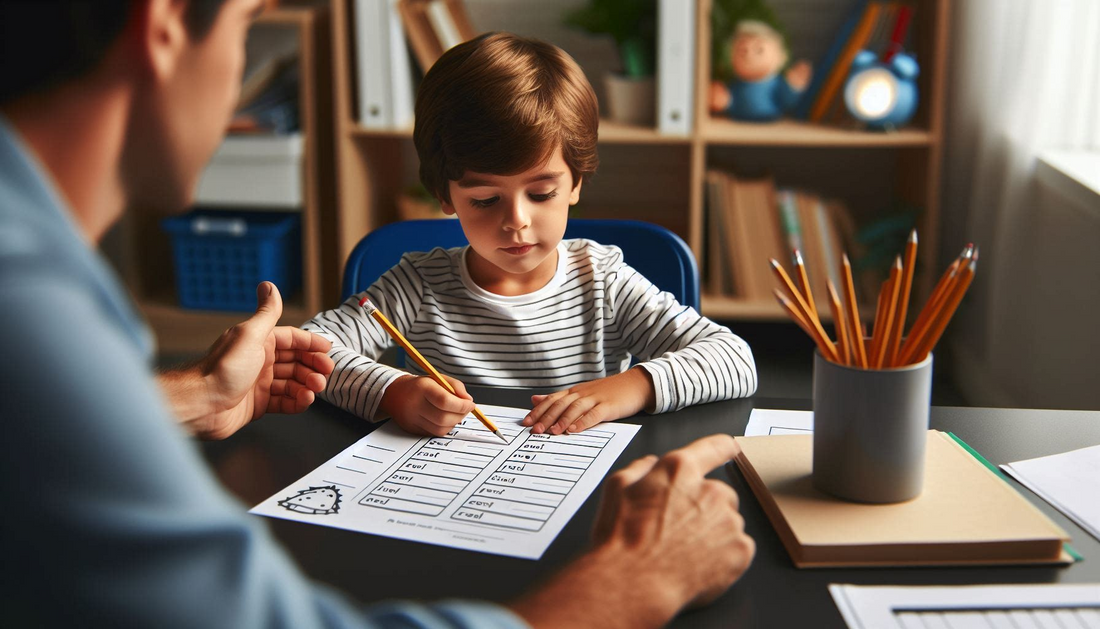 The image shows a boy sitting on a chair working on missing words in paper in table with his father teaching him.