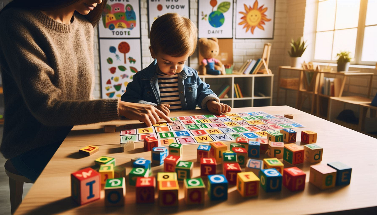 The image shows home background with a kid learning alphabetical words using alphabet blocks with his mom teaching sitting next to him.