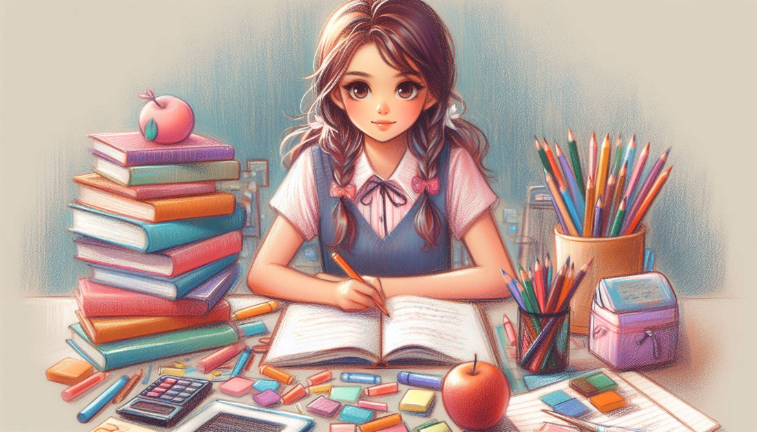 The image shows a girl in uniform writing antonyms with books, pencil, writing materials laying in table