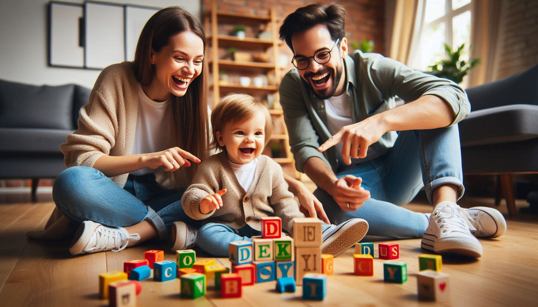 The image shows a family of three mother, father and a child playing Unscramble words with alphabetical blocks