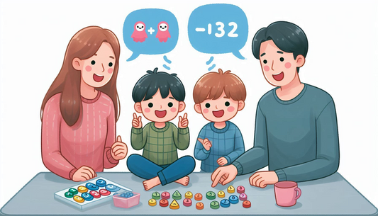 The image shows a family og four mother, father and two kids playing with counting numbers and learning math.