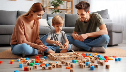 The image shows a family of three father, mother and kid playing with alphabetical blocks scattered on the floor to to build words.