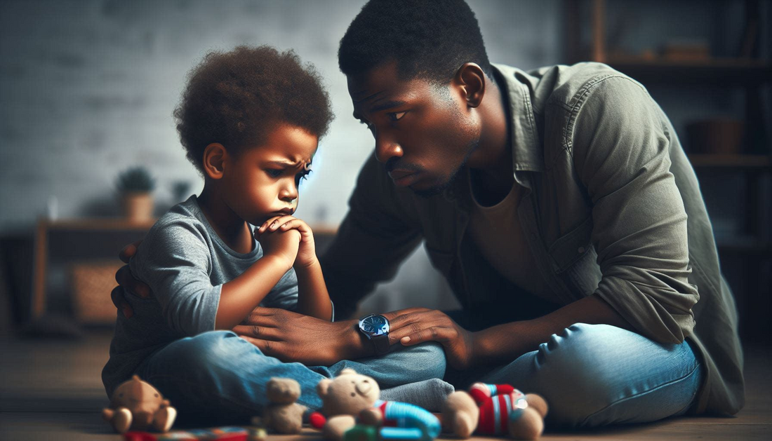 The Image shows a child sitting silently with his face placed on his hand and a parent is sitting next to him and comforting the child.