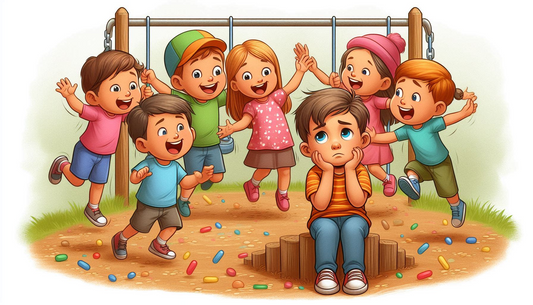 The image shows a group of kids playing in the park while a boy sitting sadly with his face on his hands and watching them.