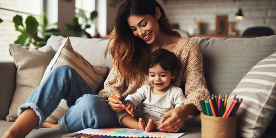 An inviting, cozy scene featuring a new mom sitting on a comfortable couch, smiling as she interacts with her 2 year old baby. The mom and child holds a crayons and colouring the inkmeo colouring roll