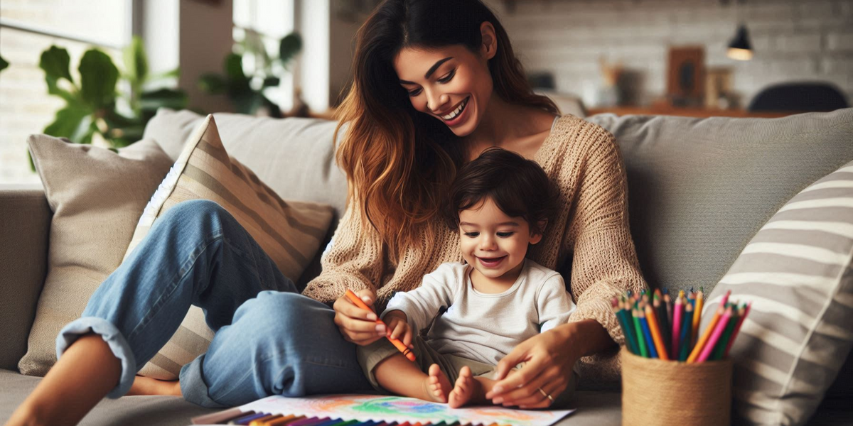 An inviting, cozy scene featuring a new mom sitting on a comfortable couch, smiling as she interacts with her 2 year old baby. The mom and child holds a crayons and colouring the inkmeo colouring roll