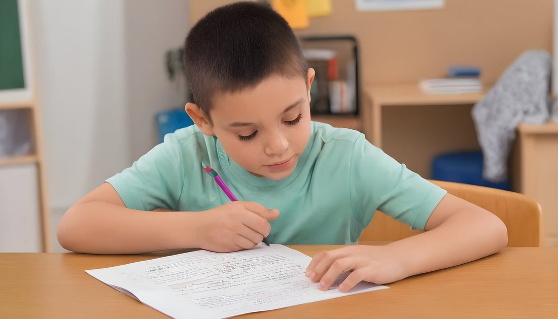 The image shows a boy sitting on study table writing working sheet on suffix
